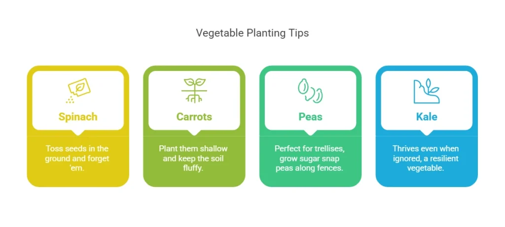 infographic of vegetables to plant in February, like peas, carrots, spinach and kale
