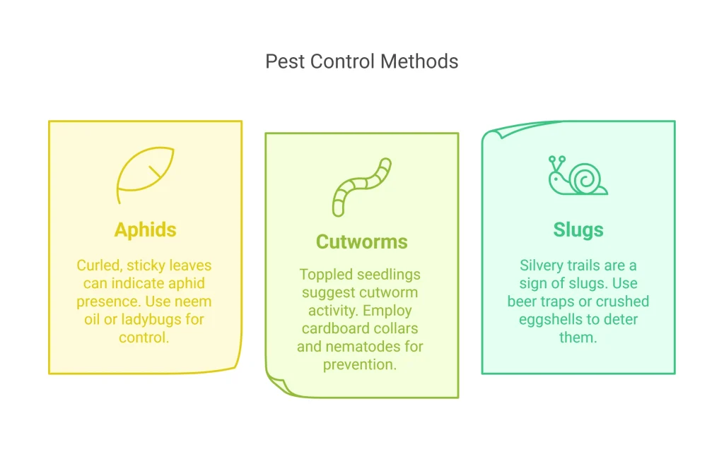 Infographic of pest control Methods for aphids, cutworms and slugs